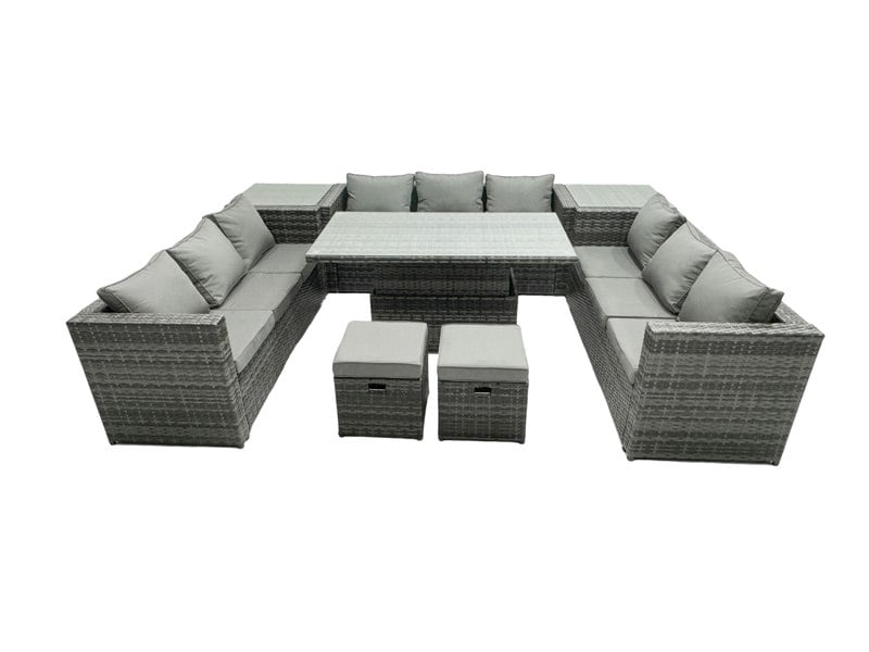 Fimous U Shape Rattan Gardern Furniture Dining Sofa Set Adjustable Rising Dining Table With 2 Side Coffee Table Extra 2 Stool