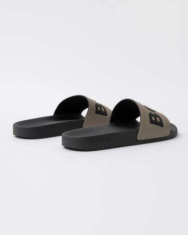 back view of BOSS Orange Aryeh Mens Italian-Made Slides With Large Logo Detail in Open Brown 248