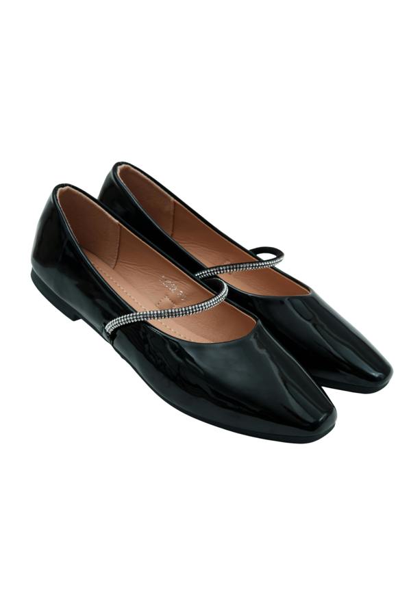 Crystal Belle Dolly Shoes Black, featuring slim rubber sole for comfort and grip