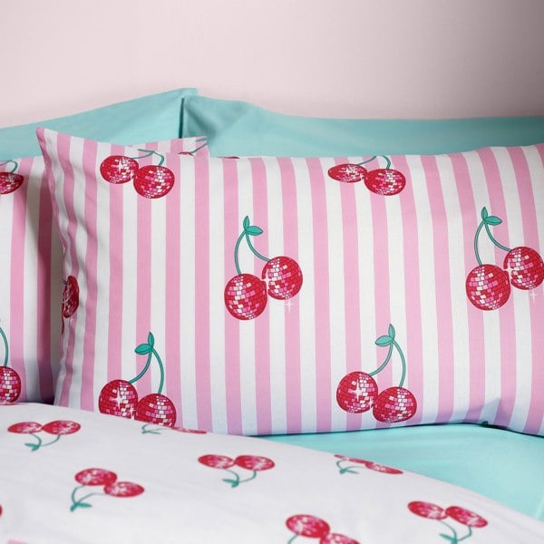 Catherine Lansfield Disco Cherries Stripes Reversible Duvet Cover Set Pink