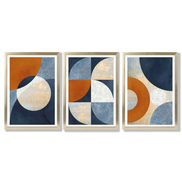 Artze Wall Art Abstract GEOMETRIC Set of 3 Navy Blue Orange and Gold Framed Art Prints