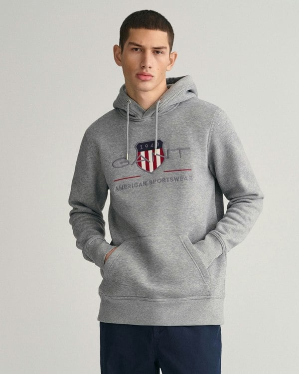GANT Mens Regular FIt Archive Shield Pullover Hoodie - 93 Grey Melange