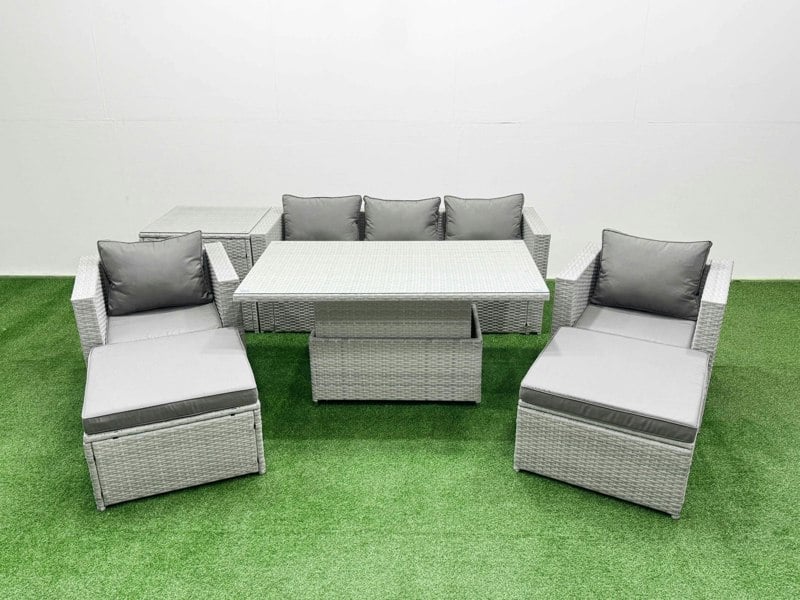 Fimous 7 PCs Rising Dining Table Set Rattan Furniture Set with 3 Seater Sofa Chair 2 Big Footstools Side Table Light Grey