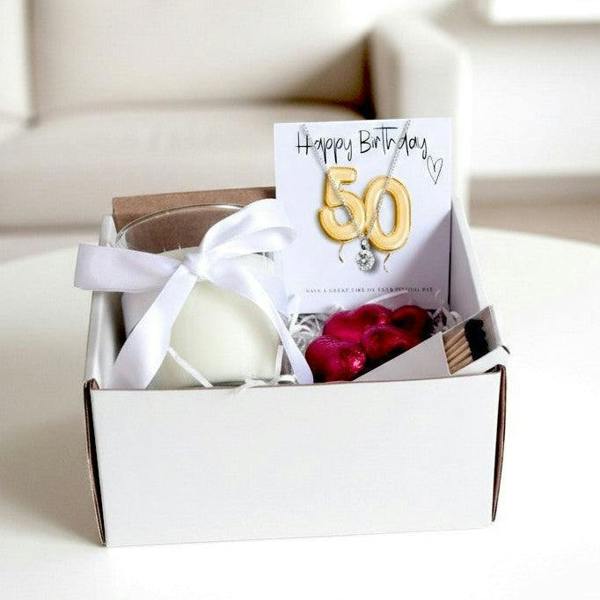Aye Do Gifts Small 50th Birthday Gold Balloon Hamper | Candle, Necklace, Chocolates