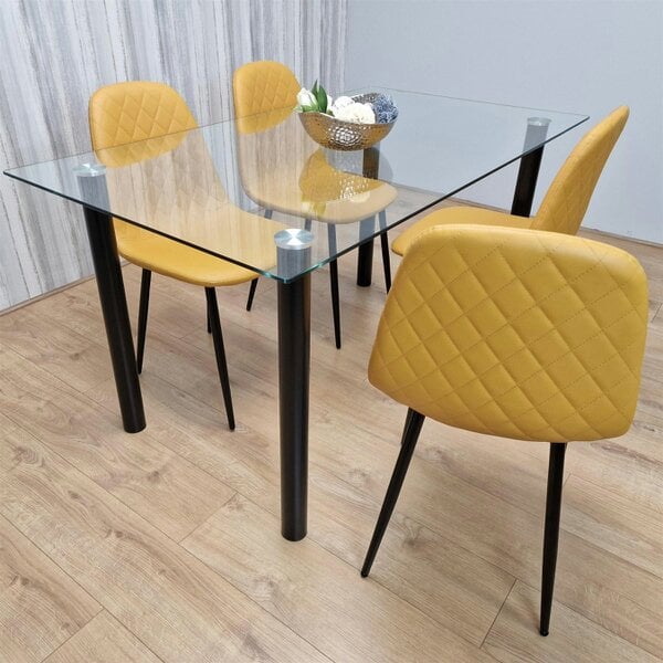 Kosy Koala Glass Dining Table with 4 Mustard Chairs Dining Room Dining Table set for 4