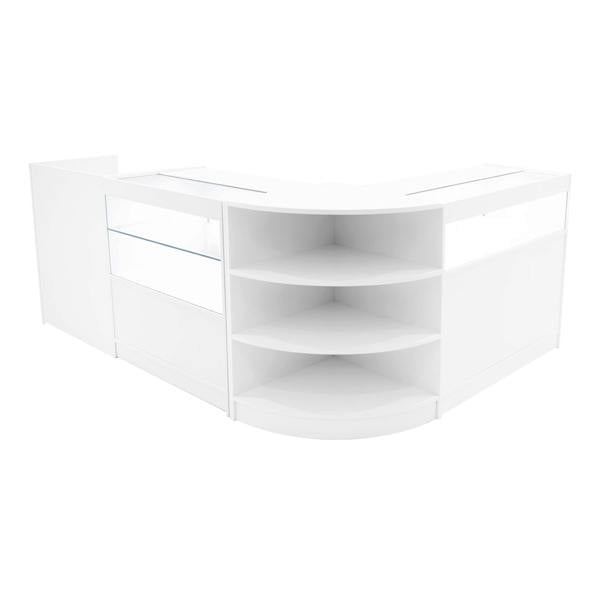 Curved white LED shop counter set featuring glass display sections and open shelving, ideal for retail environments
