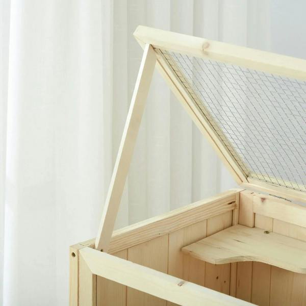 Natural fir small animal cage with open wire-mesh top and raised ramp inside