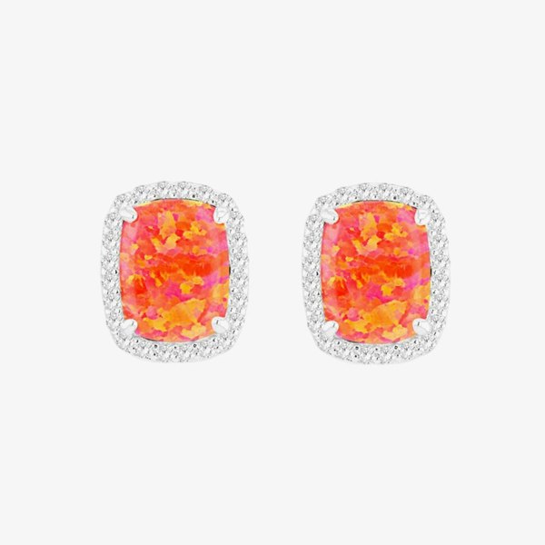 T. H. Baker Sterling Silver Rectangular Synthetic Orange Opal & Brilliant Cut Cubic Zirconia Halo Stud Earrings 8.58.0018