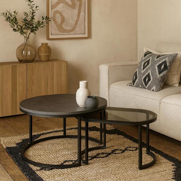 Wyld Haus Reykjavik Black Marble Effect and Glass Coffee Table Set Black Metal Legs