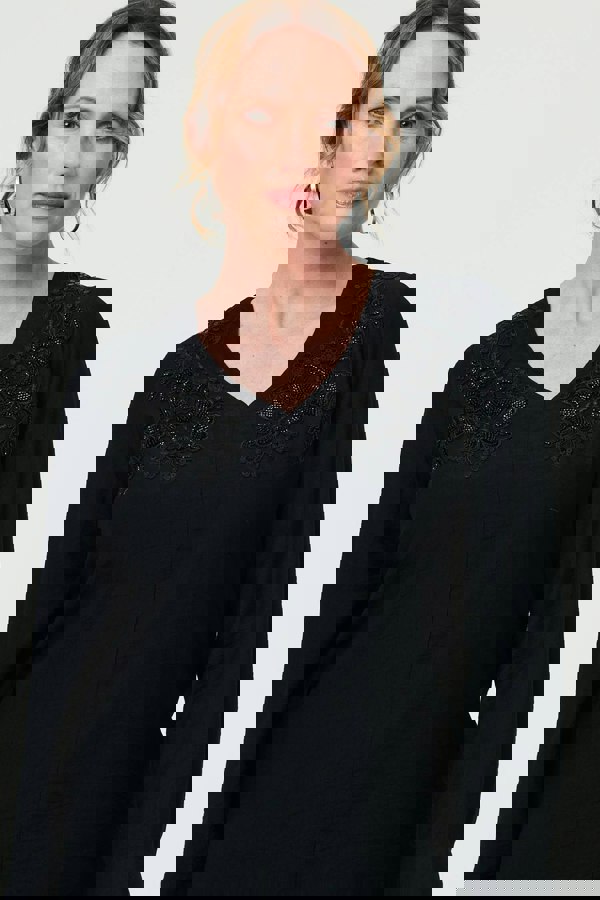 Black | Floral Embroidered Long Sleeve Top
