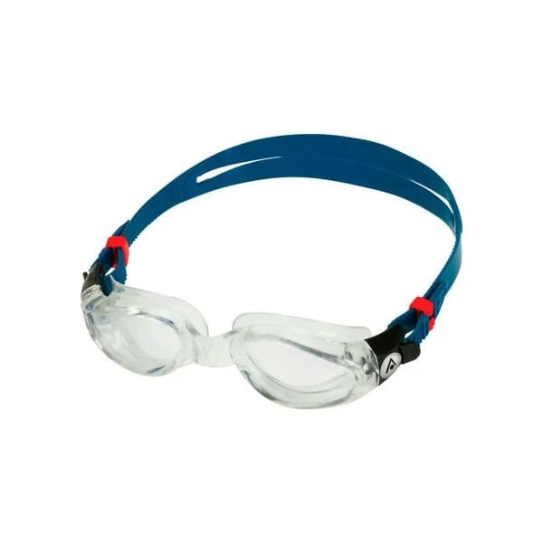 Aquasphere Kaiman goggles with blue strap, red accents, clear lens for panoramic vision