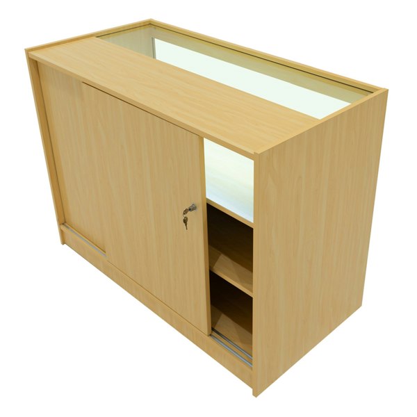 Maple Iris LED shop counter set featuring a sliding door, glass display top, and open shelving for organized storage