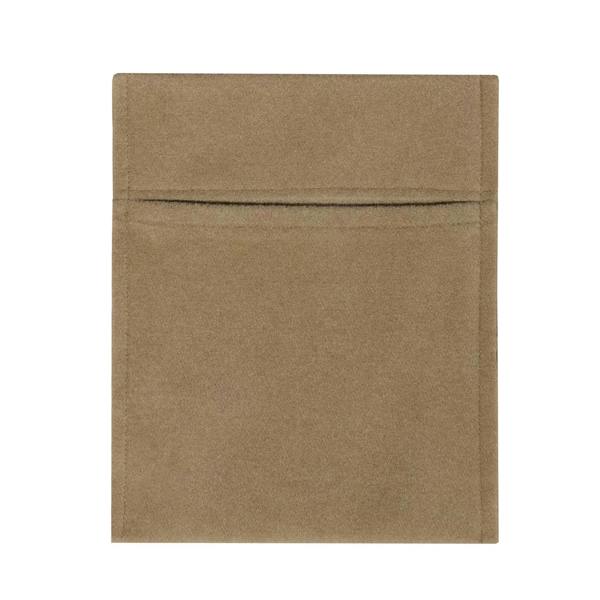 Beige storage pouch made from soft, durable fabric featuring a sleek design and a convenient front pocket for easy access