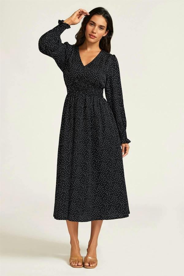 FS Collection Polka Dot Print Long Sleeve Midi Dress In Black