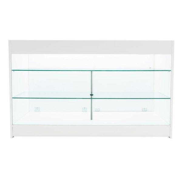 White Apollo LED shop counter set featuring a sleek design with glass shelves, perfect for displaying merchandise in retail spaces