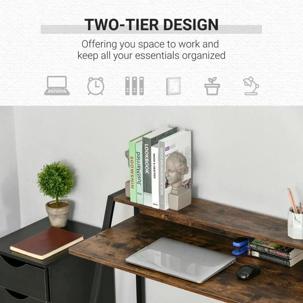 Two-tier rustic brown writing desk with black frame for books and laptop storage