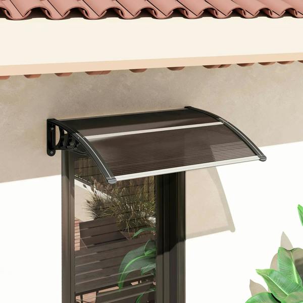 Brown front entrance canopy awning with black curved frame over the door area