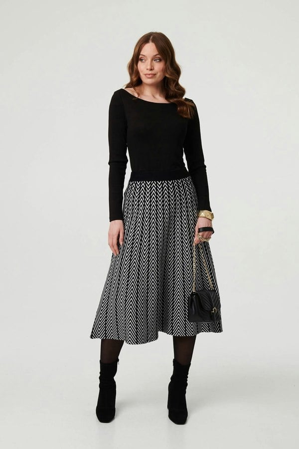 Black | Chevron Print High Waist Knit Midi Skirt
