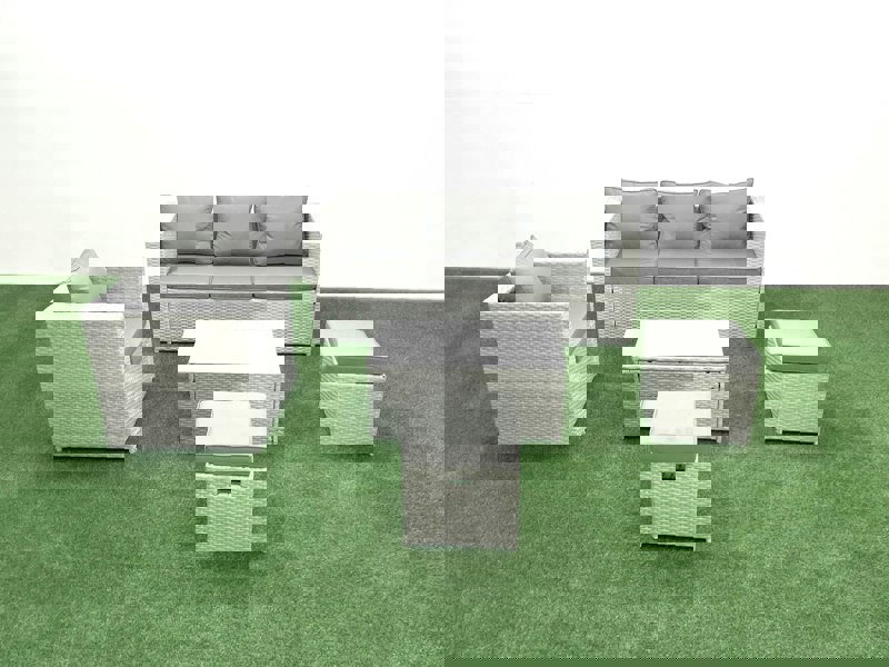 Fimous Rattan Garden Furniture Set with 3 Seater Sofa Chair Rectangular Coffee Table Big Footstool Light Grey Mixed 6 Seater