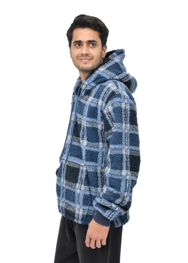 Smart Living Mens Check Fleece Teddy Borg Hoodie - Navy