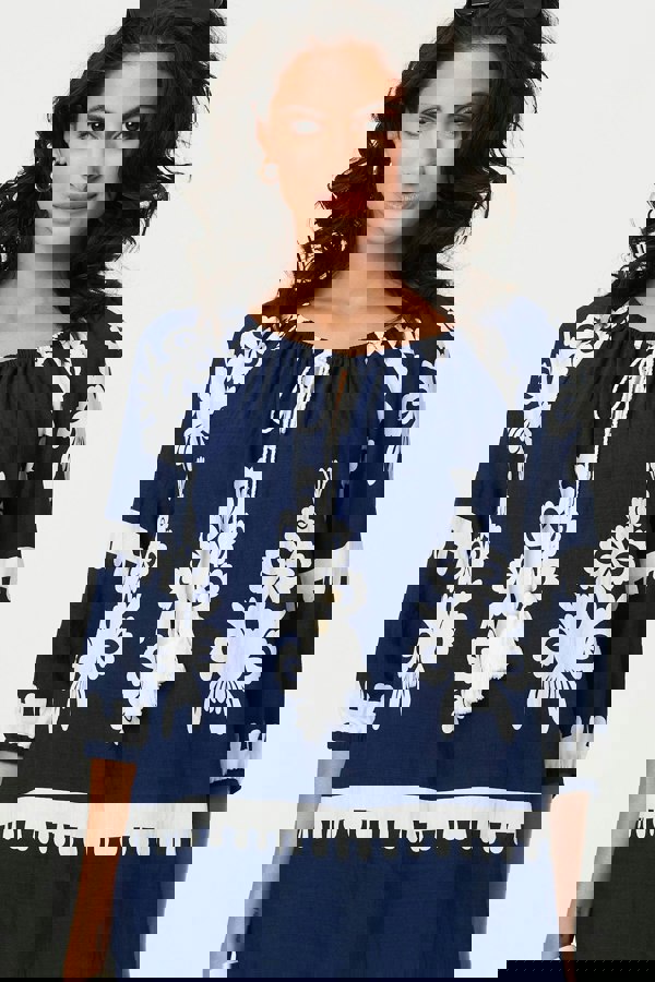 Navy | Ikat Print Tassel Tie Neck Blouse
