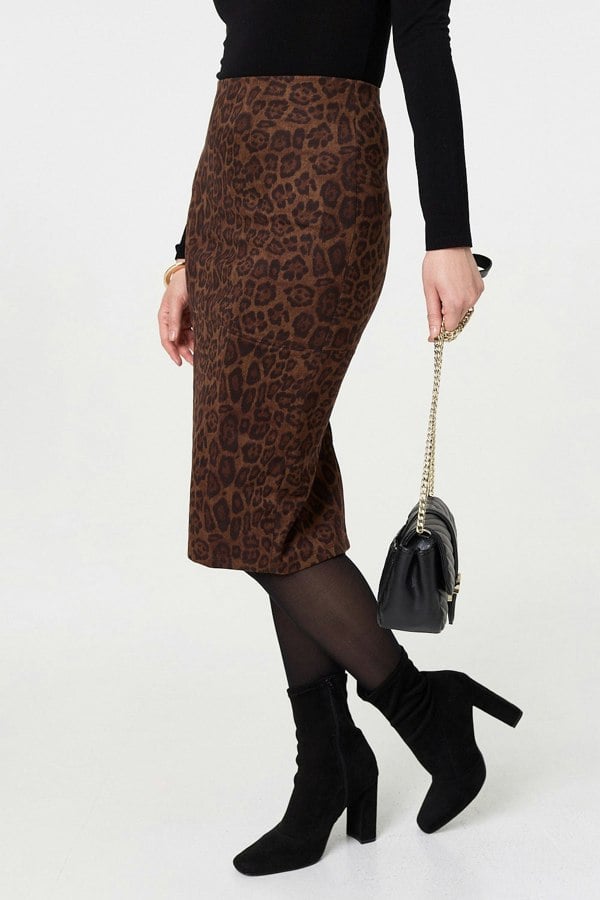 Brown | Animal Print Knee Length Pencil Skirt
