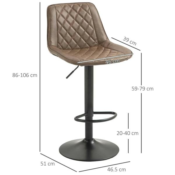 Adjustable brown bar stool with diamond-quilted PU backrest and steel round base (dimensions shown)