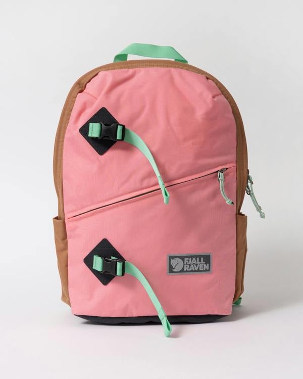 front of a Fjallraven Vardag Unisex Backpack 17 in Poppy Pink and Khaki Dust 