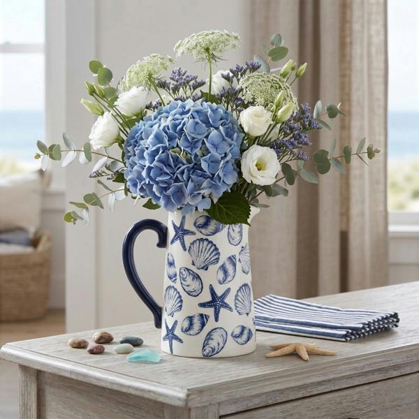 Kingsbury Gifts Blue Seashell & Starfish Ceramic Jug Flower Vase
