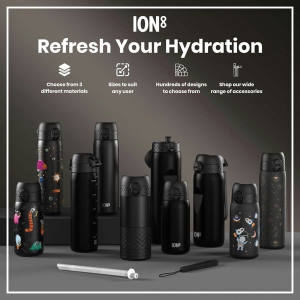Several ION8 branded water bottles, in various sizes and designs, are displayed on a gray surface. Choose from 3 different materials. Sizes to suit any user. Hundreds of designs to choose from. Shop our wide range of accessories.
