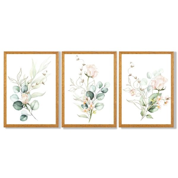Pink Floral Roses Set of 3 Framed Art Prints with Oak Wooden Frames