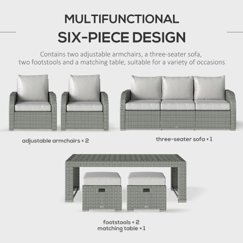 Wyld Haus Tanette Rattan Grey 7 Seater Outdoor Sofa Set With Reclining 2 Armchairs And 2 Stools