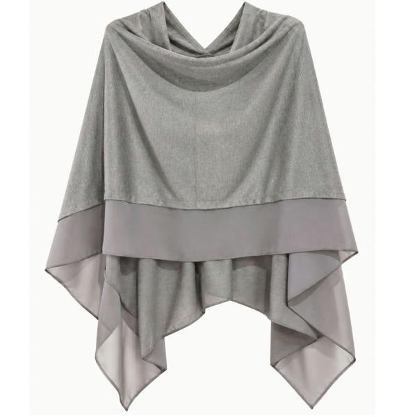 Love EMVY Wool Blend Poncho Shawl Wrap with Contrast Chiffon Border