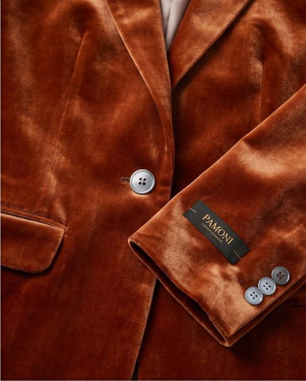 PAMONI camel velvet blazer jacket with a tailored fit, featuring a classic lapel and button closure, stylish and elegant.