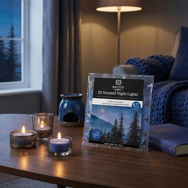 Baltus Midnight Patchouli Scented Tealight Candles, Pack of 20, Up to 8 Hour Burn Time