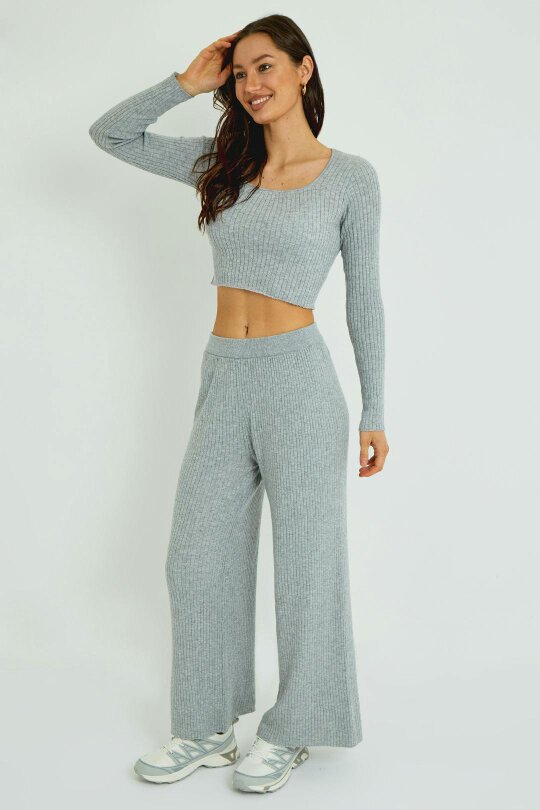 Ribbed Knit Crop Top & Wide Leg Trouser Co-Ord Set - Gray
