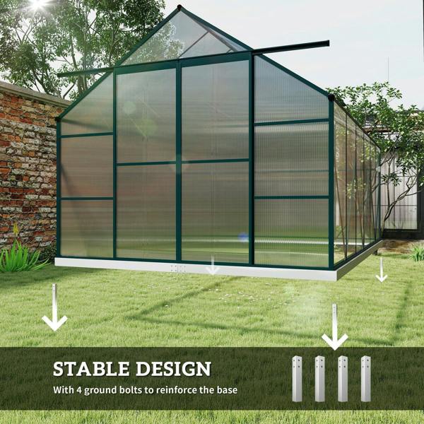 Clear polycarbonate greenhouse with aluminum frame, foundation bolts, and side wall panels.
