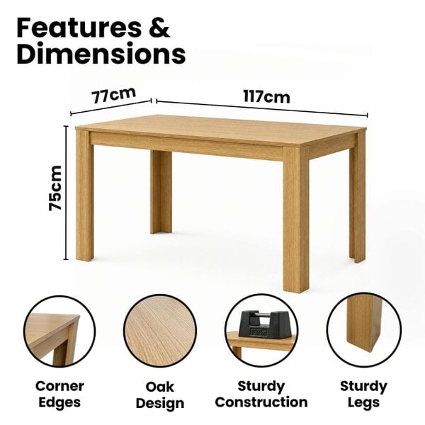 Kosy Koala Light Oak Effect Dining Table Set with 4 Grey Velvet Chairs, 117x77x75 cm