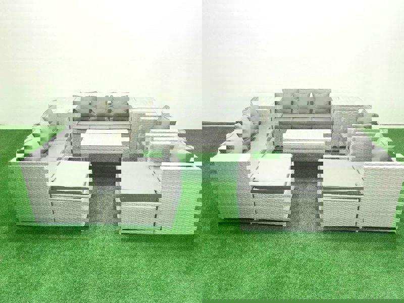 Fimous Outdoor Garden Furniture Rattan Sofa Set with 2 Armchairs Oblong Coffee Table 2 Big Footstools 2 Side Tables Light Grey Mixed