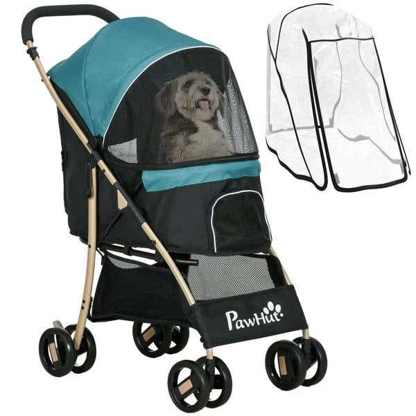 Pet stroller with teal canopy, black mesh sides, and protective rain cover