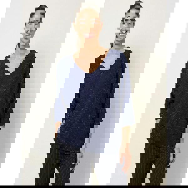 Blue Vanilla Metallic V Neck Knitted Ripple Jumper - Navy