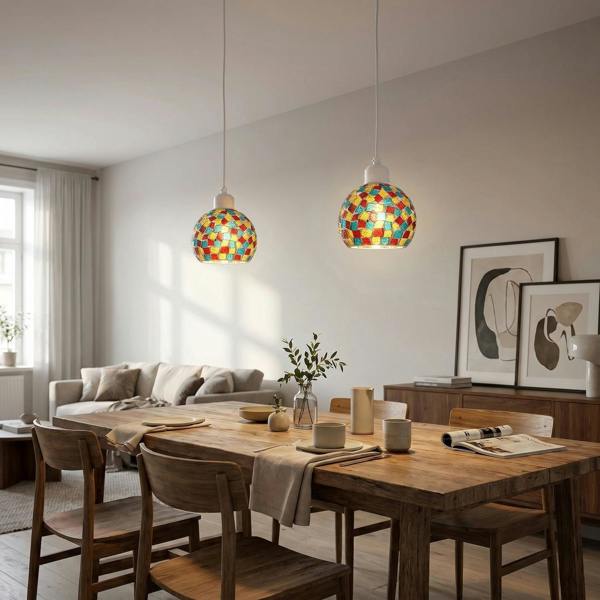 Multi-Colour Geometric Mosaic Dome Pendant Ceiling Lighting Shade Image 6