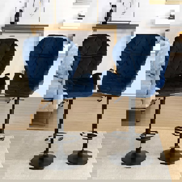 Modcraft Set of 2 Velvet Blue Bar Stools – Adjustable Swivel Dining Chairs with Footrest & Black Steel