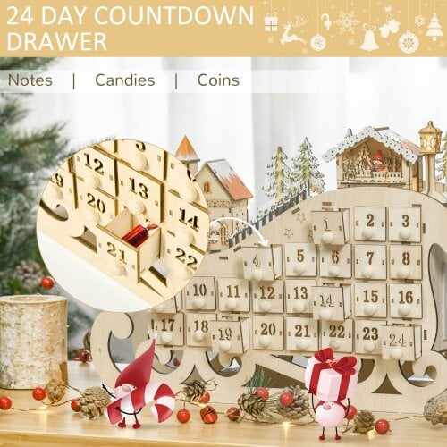 HOMCOM Christmas Advent Calendar Light Up Sleigh w/ Countdown Drawer, Village