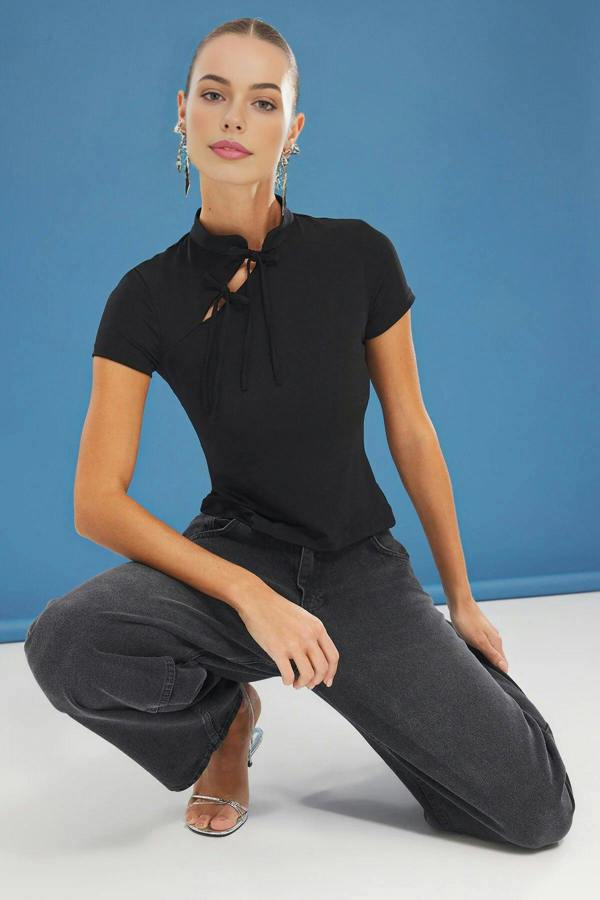 WOVCOR High Neck Tie Detail Fitted Long Sleeve Blouse