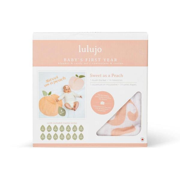 Lulujo - Baby's First Year Gift Set - Cotton Swaddle & Cards - Sweet as a Peach