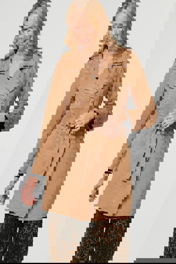 Beige | Faux Suede Double Breasted Trench Coat
