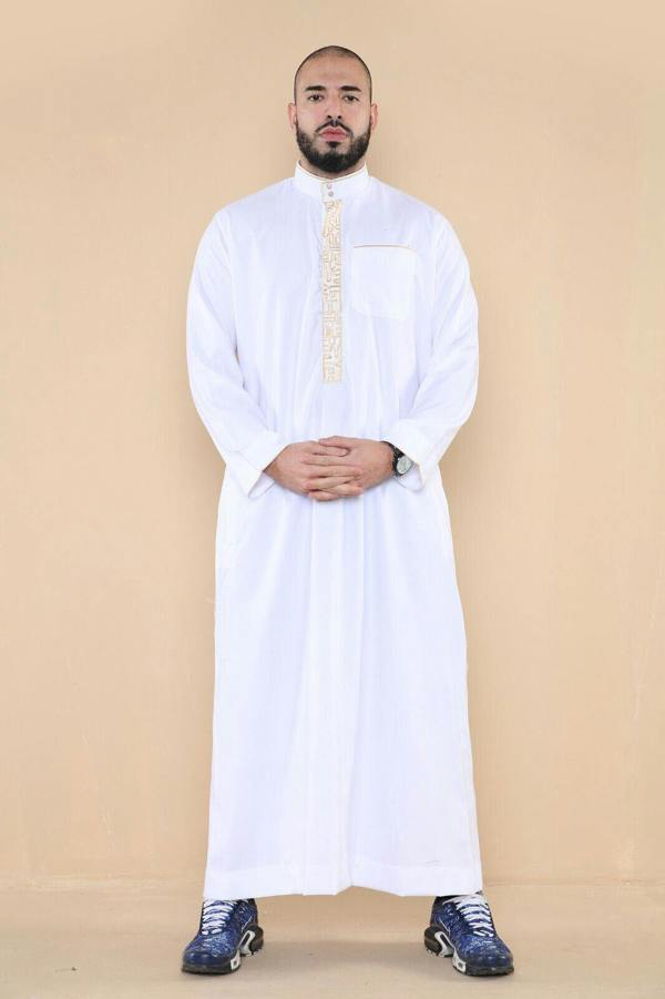 Infinity Leather Mens Thobe Jubba Emirati Islamic Arabic Eid Embroidery Kaftan Jubbah Robe