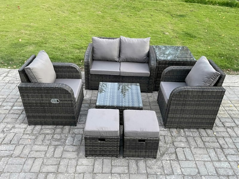 Fimous Wicker PE Rattan Garden Furniture Set Outdoor Lounge Sofa Set with Love Sofa Square Coffee Table Side Table 2 Small Footstool Dark Grey Mixed