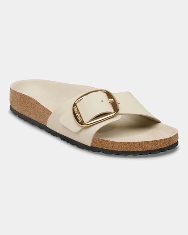 Birkenstock Madrid Big Buckle Natural Patent Leather Womens Sandals - High-Shine Oyster | CHO | Designer Womens Sandals